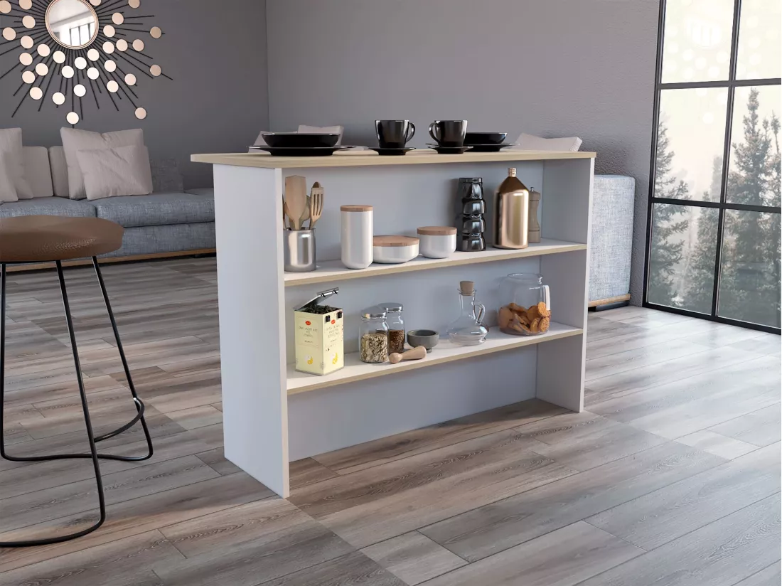 Bar de cuisine en mélamine Fendi avec trois étagères , 90 X 120 X 60 cm , Blanc / Miel