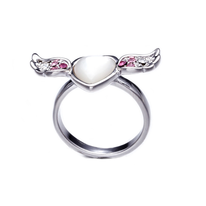 Bague Coeur, Aile en Nacre orné de cristal de Swarovski Blanc Rose