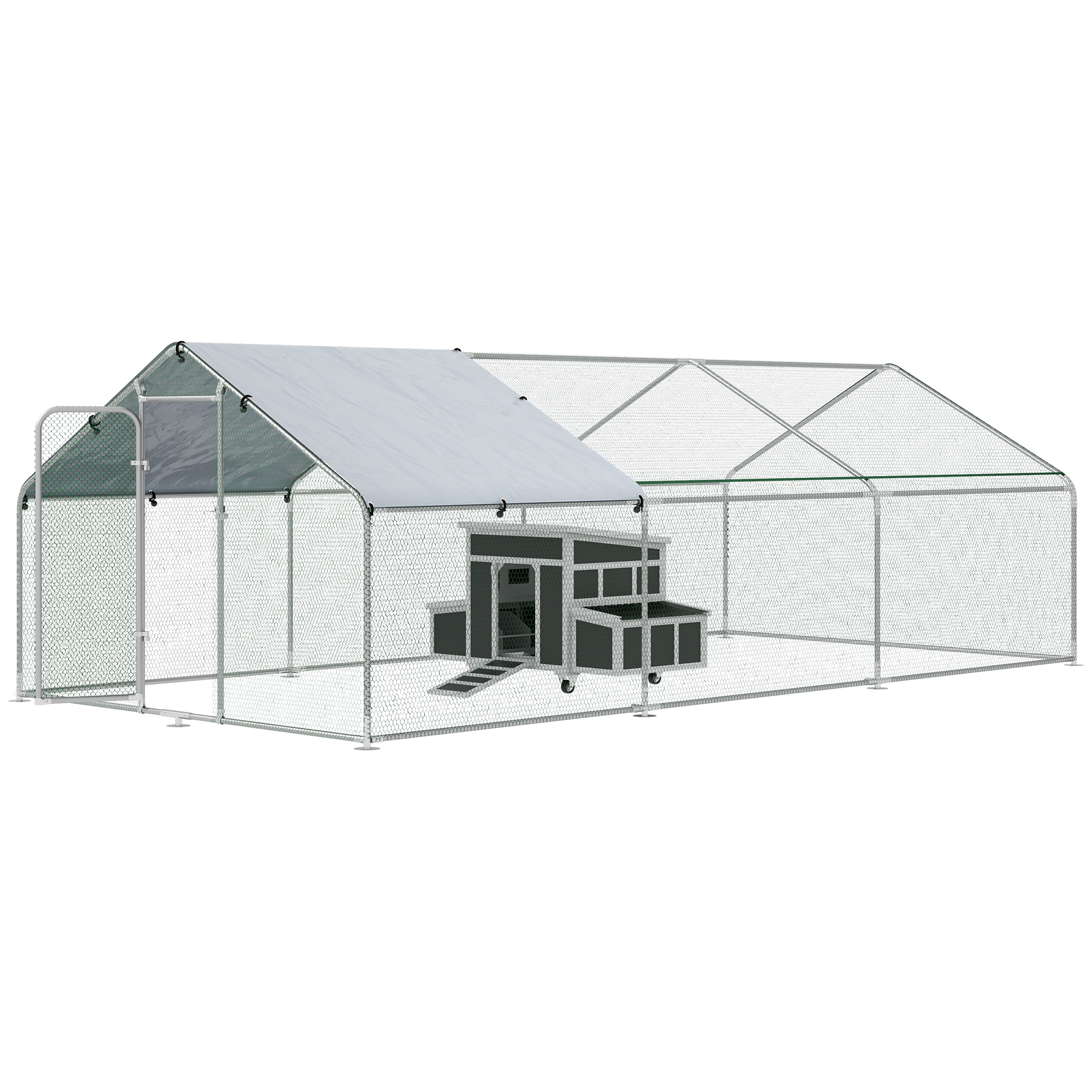 Conjunto PawHut com 1 galinheiro de madeira com bandeja removível e poleiros (147x93,5x89,5 cm) e 1 galinheiro grande de metal galvanizado para exterior (3x6x2 m).