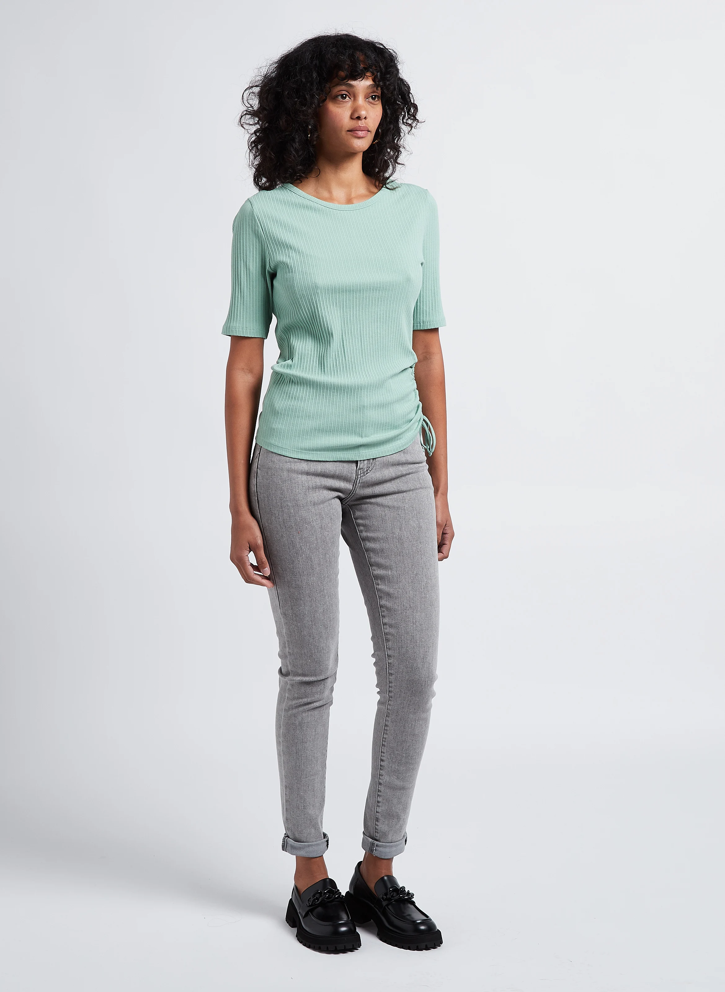 SIDE TIE SS - Top col rond en coton mélangé| Vert