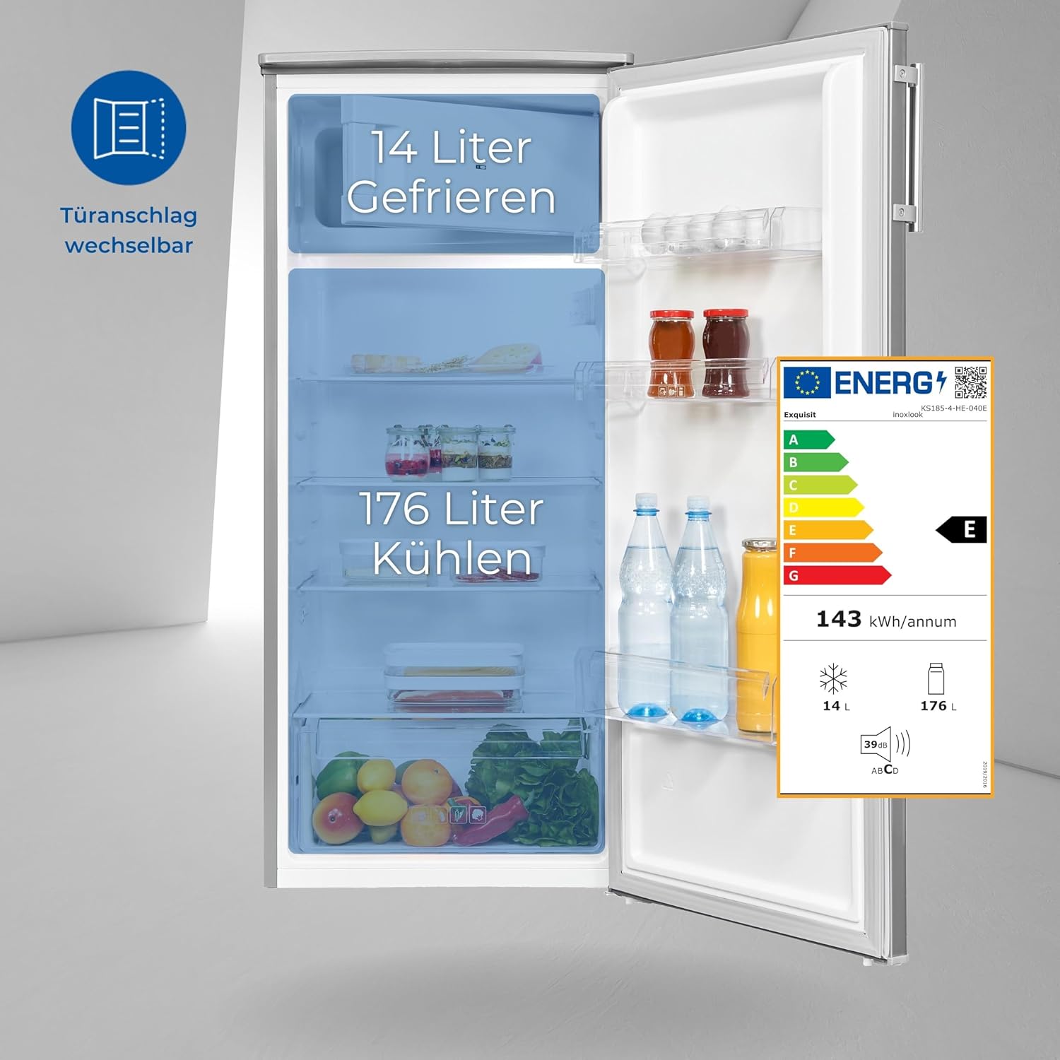 Exquisit Kühlschrank KS185-4-HE-040E inoxlook | 190 l Nutzinhalt | Alarm | Türanschlag wechselbar | 55 cm Breite