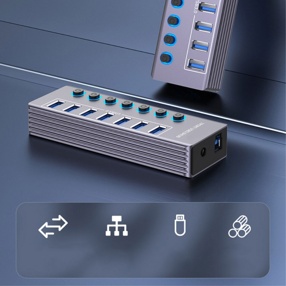 (13cm) 7-fach USB 3.0 Hub Aluminium Adapter mit USB Port Steuerung Tastenschalter 5GB/s   Netzteil (12V/3A) - Grau