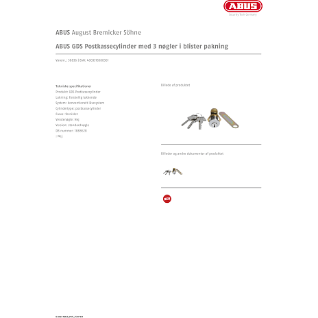 ABUS GDS postkassecylinder inkl. 3 nøgler