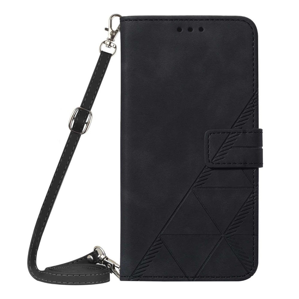 iPhone 14 Pro Necklace Leder Tasche Flip Cover Geometrisches Imprint Muster - Schwarz
