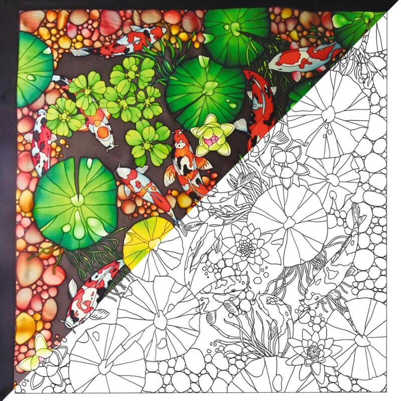 Carré 100% soie - 90x90cm Bassin Japonais - Blanc