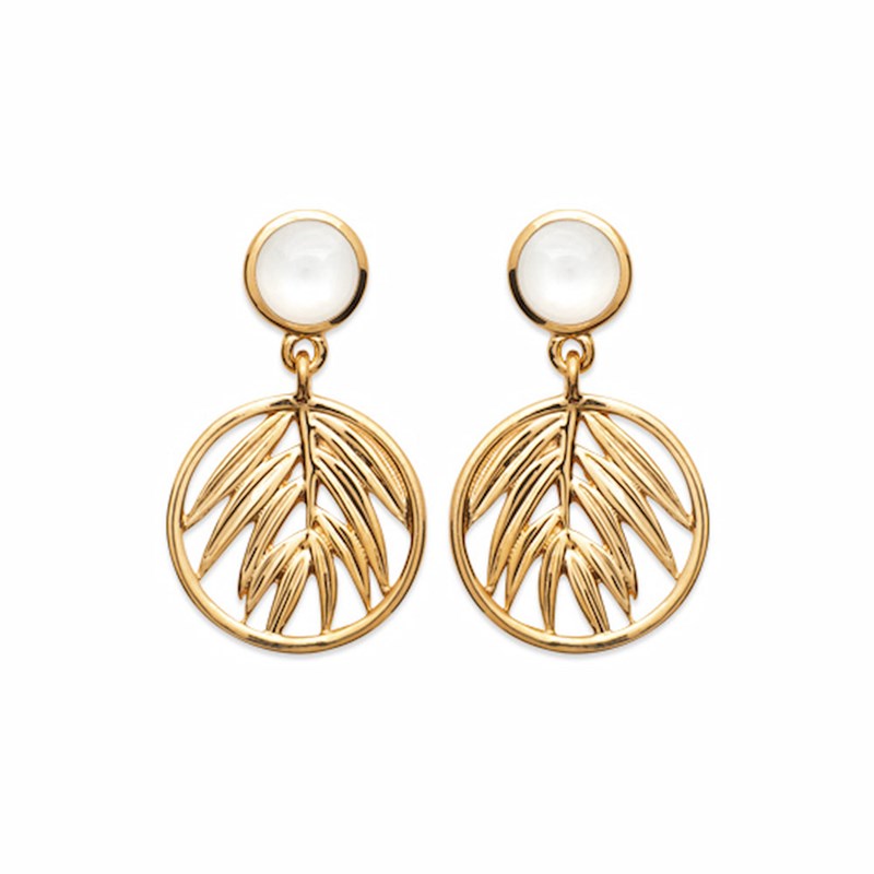 Boucles d'Oreilles Pendantes Nacre Plaqué Or Pierre Precieuse Blanche