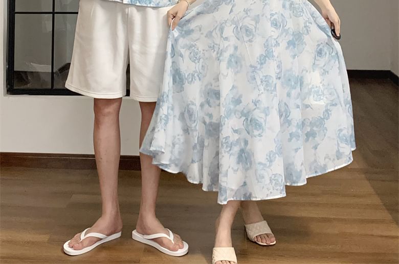 Azure - Bijpassende mouwloze A-lijn zomerjurk met bloemenprint / Hawaiiaans overhemd met korte mouwen