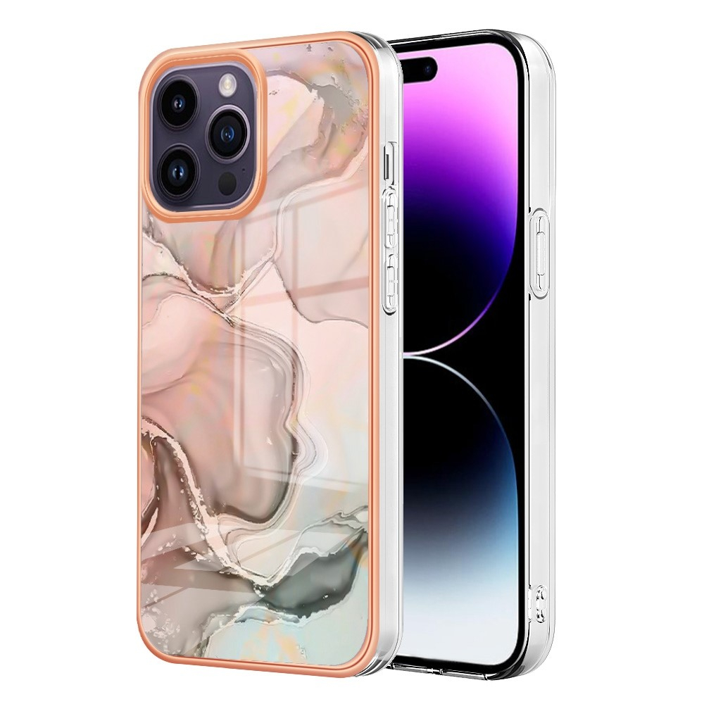 iPhone 14 Pro Gummi Case Hülle Galvanisierter Rahmen Marble Marmor Design - Rosa / Grau / Roségold