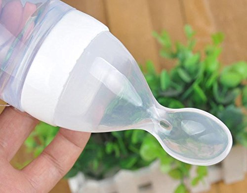 (90ml) Silikon Baby Flasche mit Spender Löffel Squeeze Nahrungsflasche Fütterungs Zubehör mit Saugnapf Halterung - Transparent / Blau