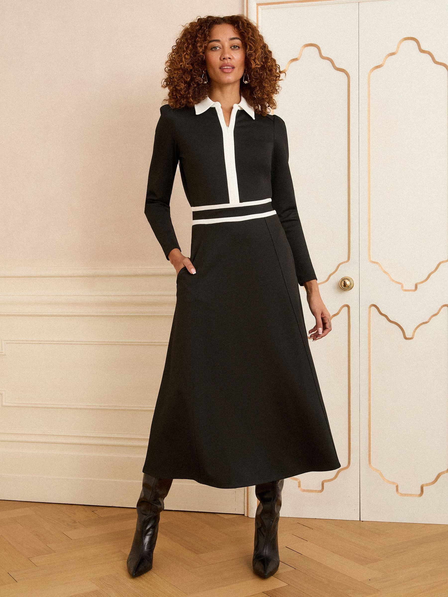 Zwart - Love & Roses Ponte midi-jurk met contrastrand en rits aan de voorkant en lange mouwen