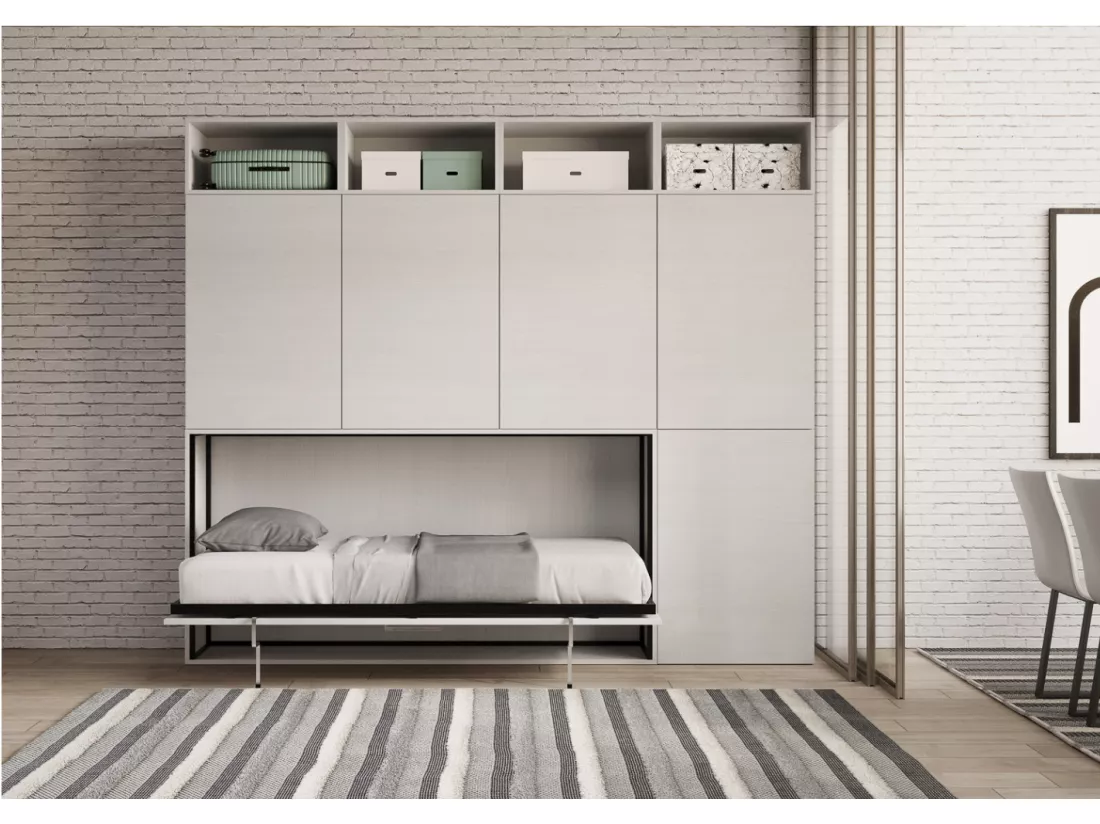Lit escamotable horizontal blanc Bounto 85x185 avec rangement et bibliothèque composition B-