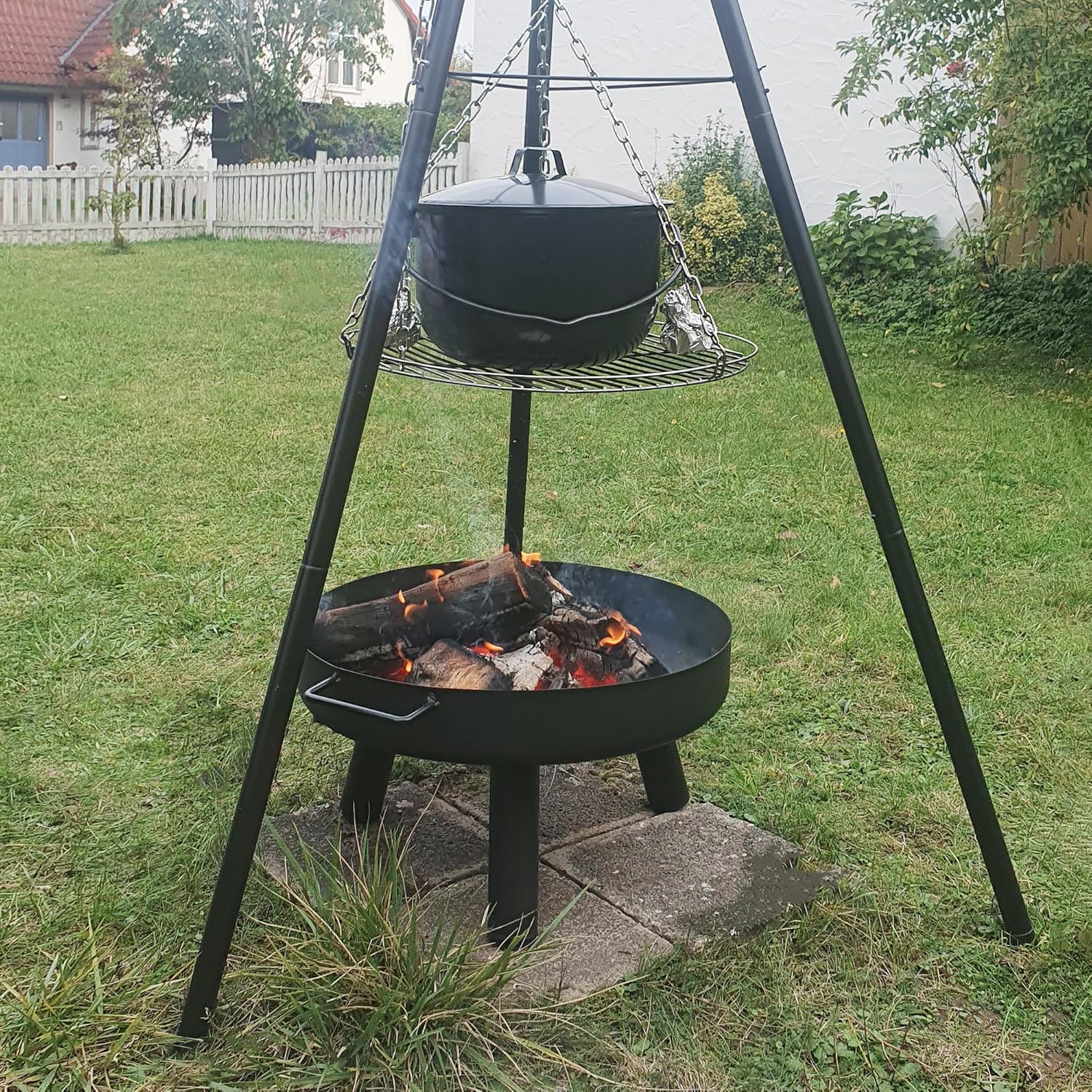 LEMODO Schwenkgrill mit Feuerschale, Dreibein Grill mit Grillrost, Hängegrill mit Gulaschkessel, 3 Bein Grill für BBQ, Grillgestell für Gulaschtopf, Holzkohlegrill mit Zubehör