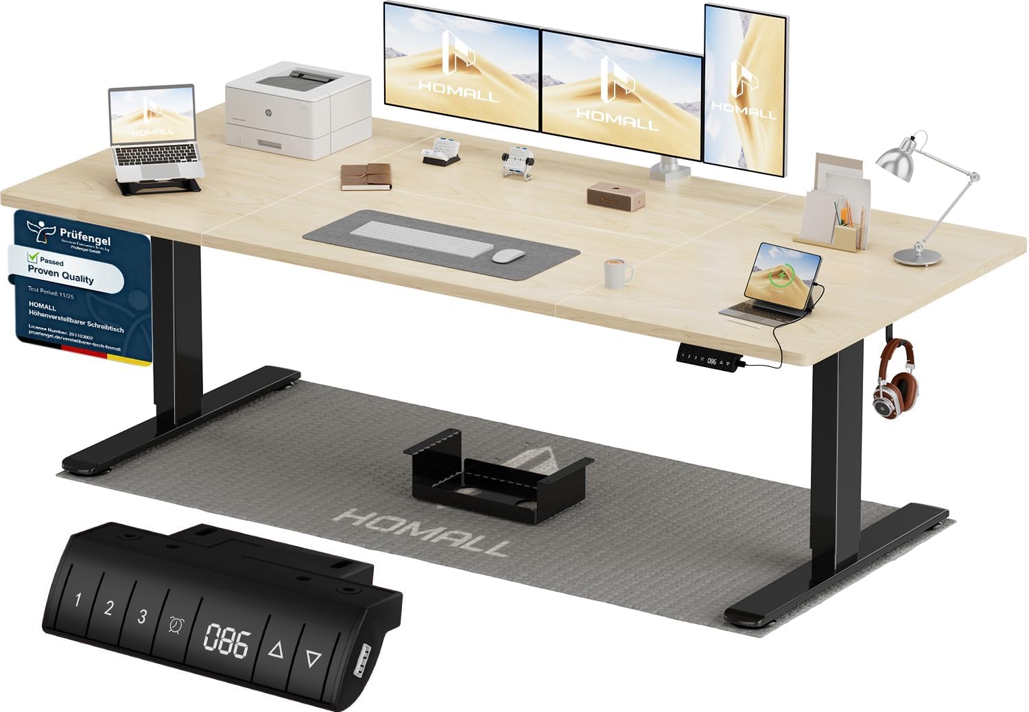 Homall Höhenverstellbarer Schreibtisch 200x80cm mit USB-A Ladeanschluss, Elektrischer Schreibtisch mit Kabel Management Tray, Standing Desk mit 3 Memory Funktion, Computertisch Beige+Schwarz