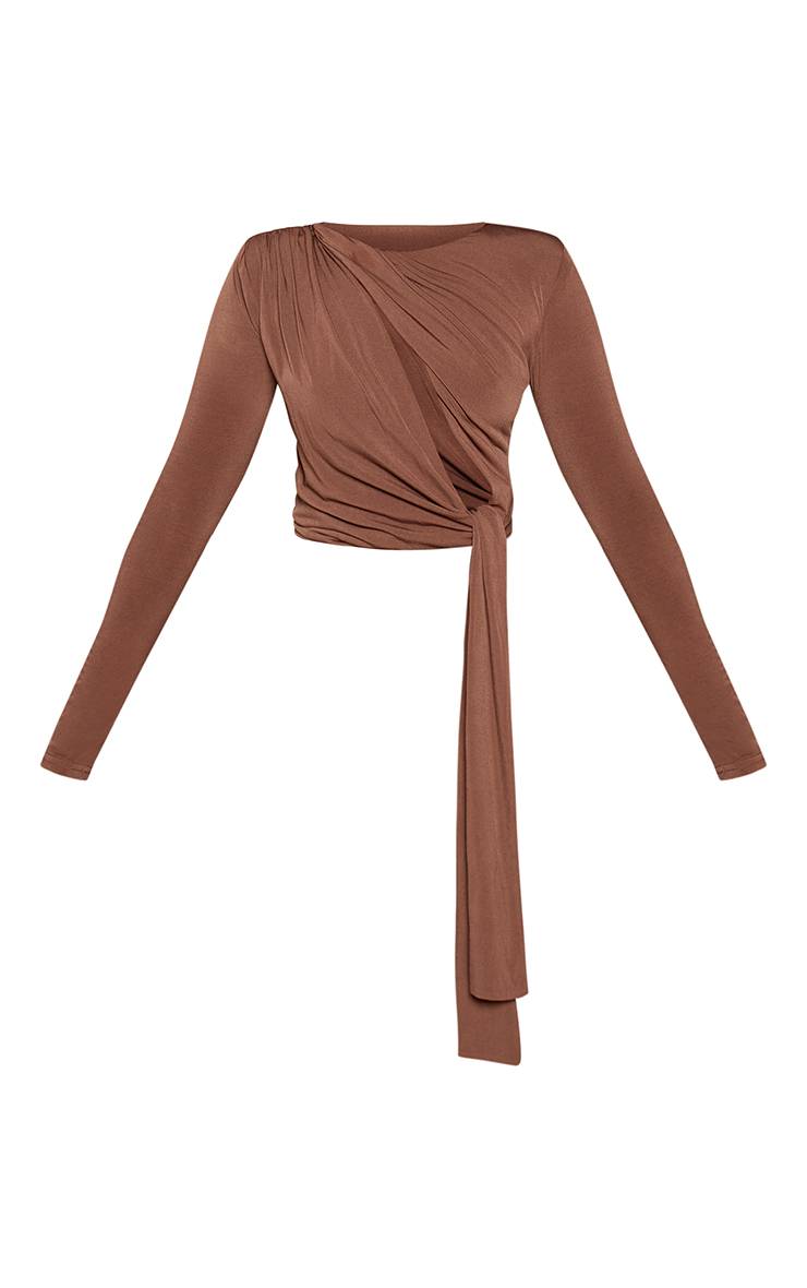 Marron Foncé Top En Jersey Slinky Doré Avec Détails Ajourés Et Nœud