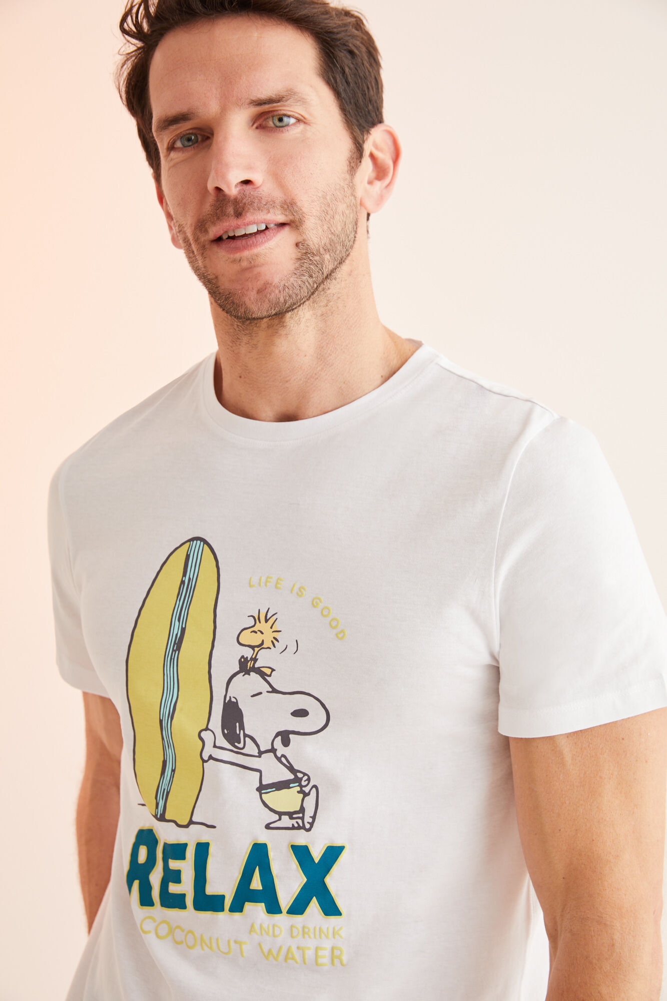 Pijama curto masculino 100% algodón Snoopy surf - bege