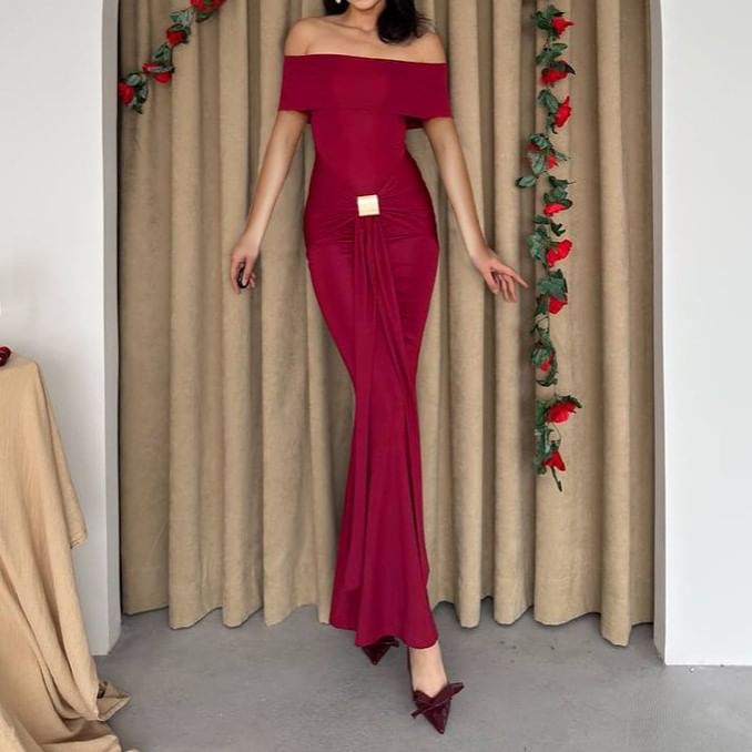Alizio - Maxi-jurk met korte mouwen en off-shoulderprint en ruches