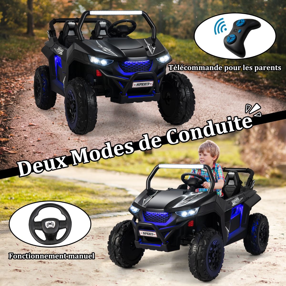 Voiture électrique Enfant 12 V Télécommande pour 3-8 Ans 2 Vitesses Ressort de Suspension Charge 59KG 118x74x71CM Noir/Rose/Rouge - Lidl-Manfred