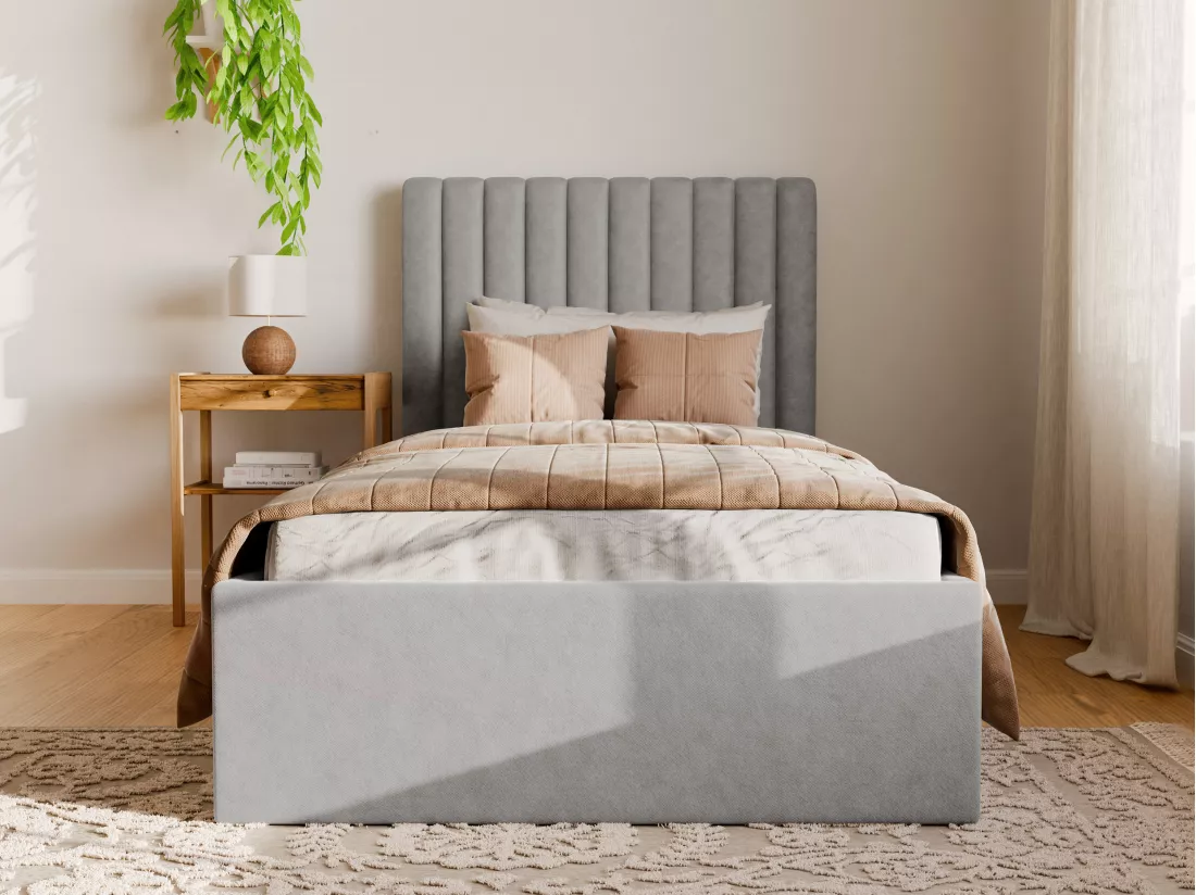Lit coffre 90 x 190 cm avec tête de lit coutures verticales - Tissu - Gris - SARAH
