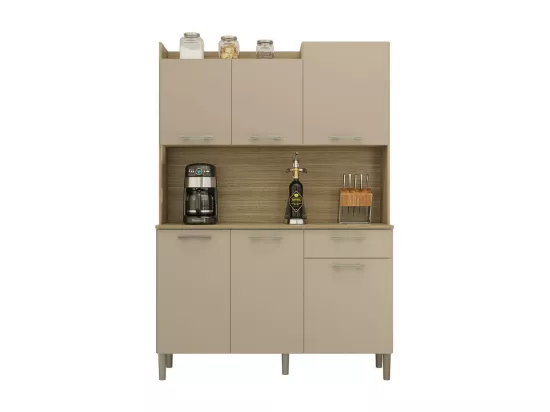 Buffet de Cuisine 6 Portes 1 Tiroir Chêne et Taupe L 121.5 H 176 P 36.3 cm