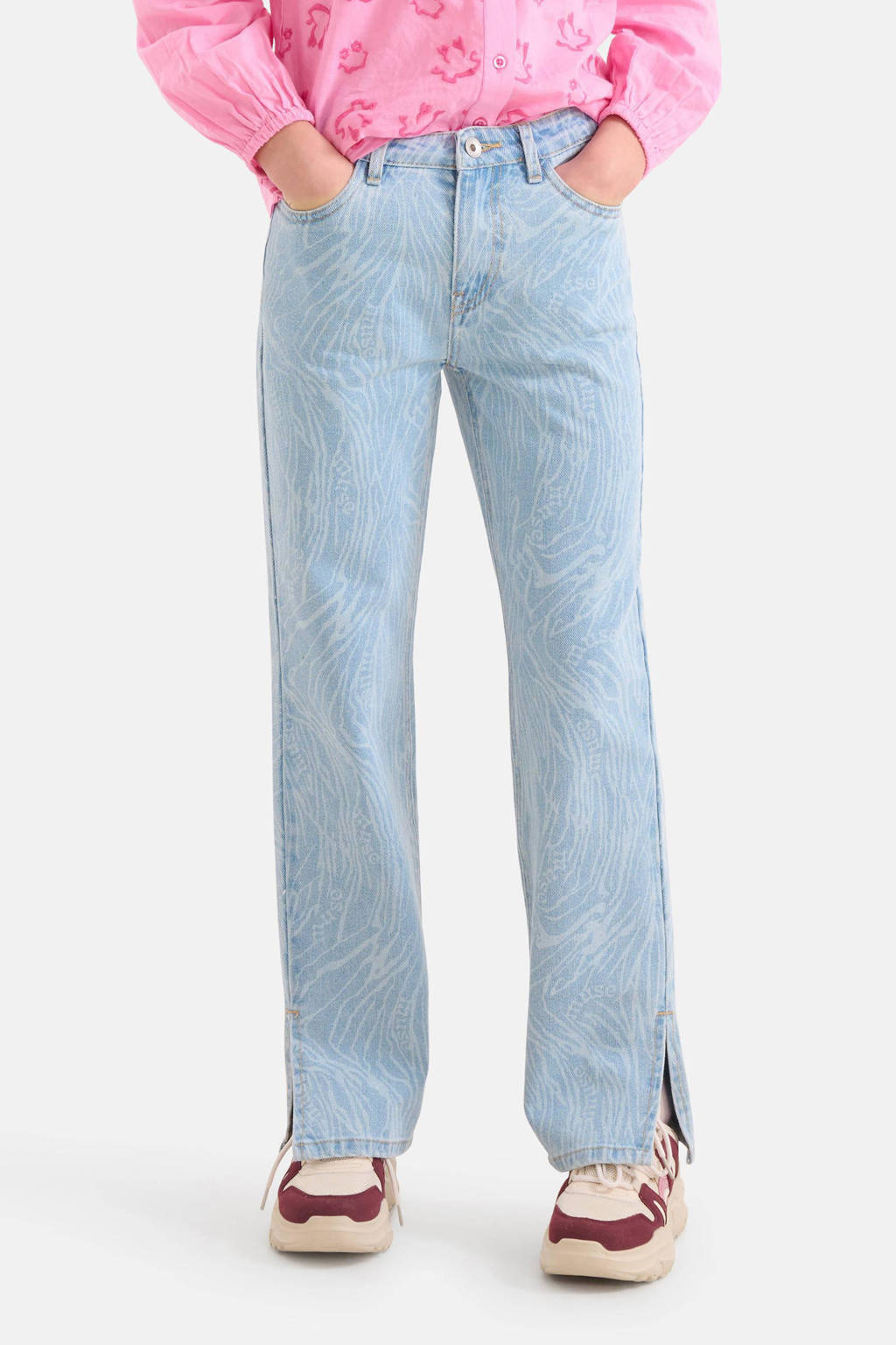 Shoeby loose fit jeans met all over print light blue denim bleached
