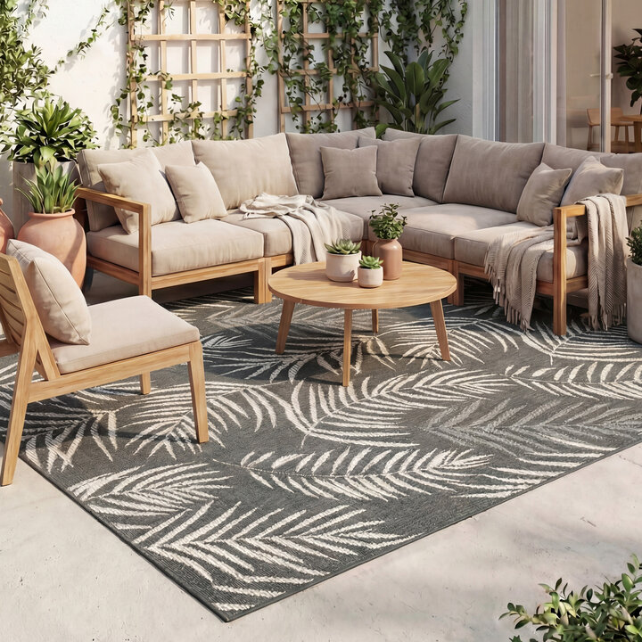 Buitenkleed - Malta Leaves Zwart | Budgettopper!