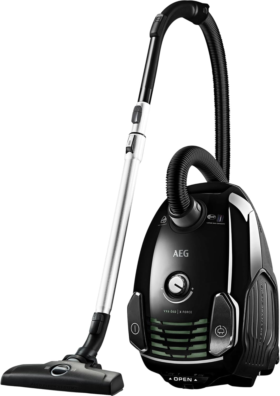 AEG VX6-2-ÖKOX Staubsauger mit Beutel (60% Recyclingmaterial, inkl. Zusatzdüsen, für Hart- und Teppichböden, 9 m Aktionsradius, ergonomischer Handgriff, 800 Watt, neue technische Version) schwarz/grün