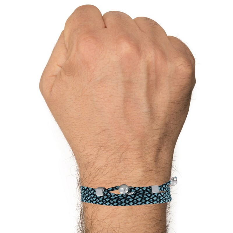 Bracelet Homme Métal Argenté Cubes Fermoir Bouton et Lien en Paracorde - Turquoise