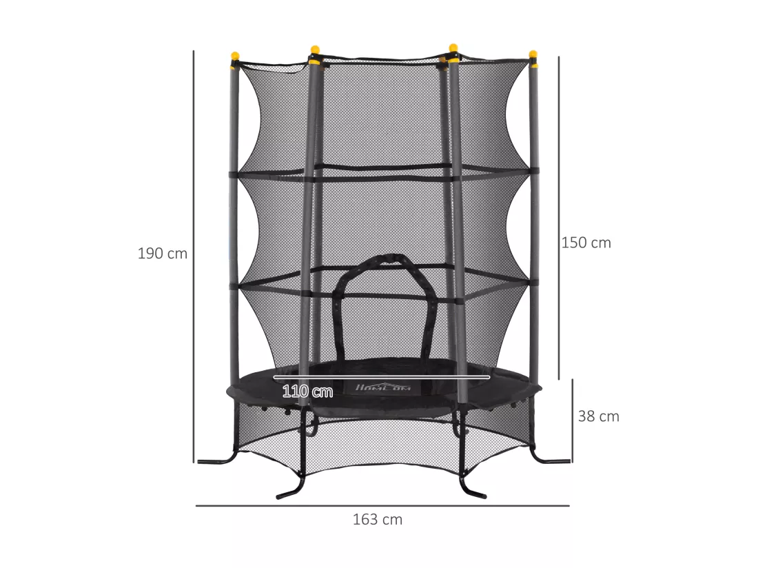 Trampoline de jardin enfants Ø 1,63 x 1,90H m filet de sécurité porte zipée couvre-ressorts + 6 poteaux rembourrés inclus noir