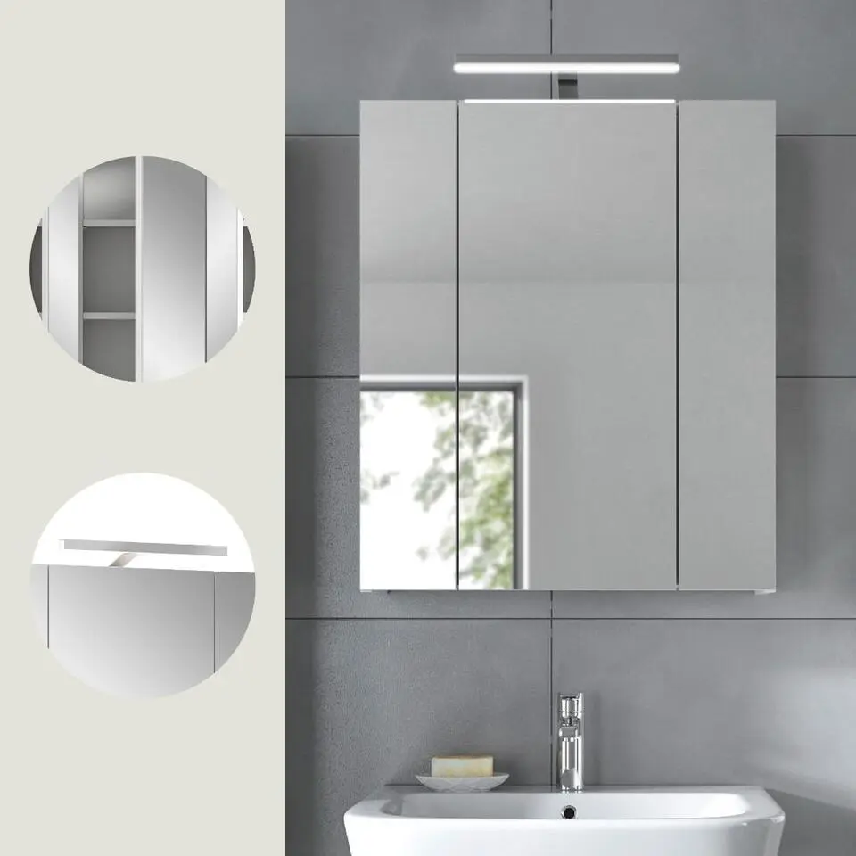 Hioshop Ice spiegelkast inclusief verlichting 3 spiegeldeuren wit hoogglans-