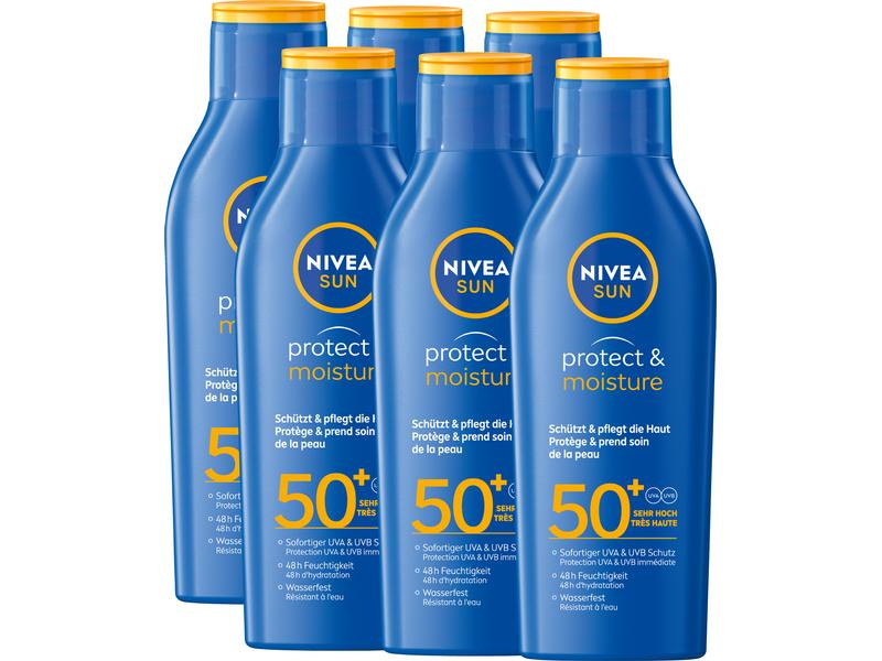 NIVEA SUN Sonnenmilch Protect and Moisture LSF 50 6 x 200 m Sofortiger Sonnenschutz und Pflege