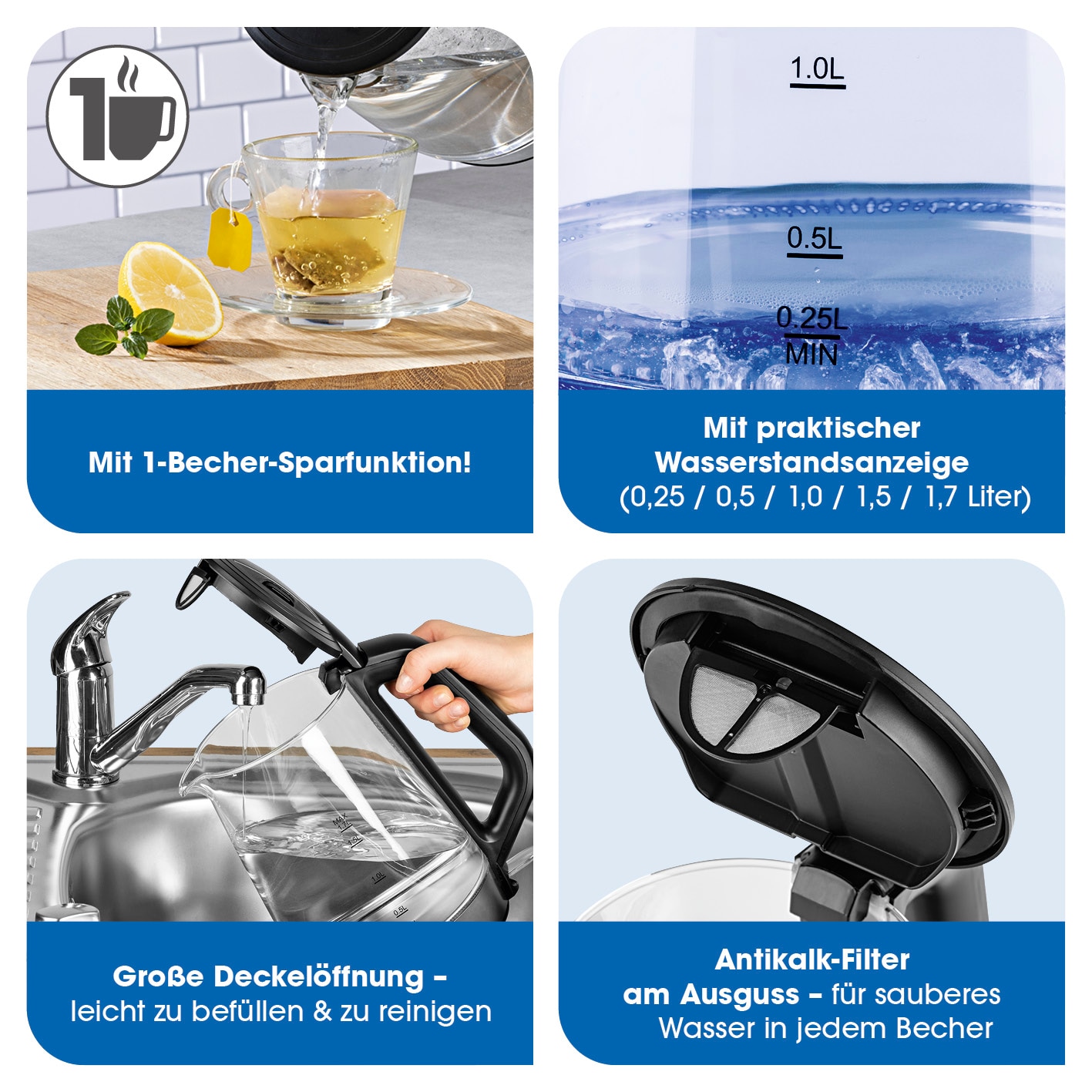 GOURMETmaxx Glas-Wasserkocher Tasse für Tasse 1,7l