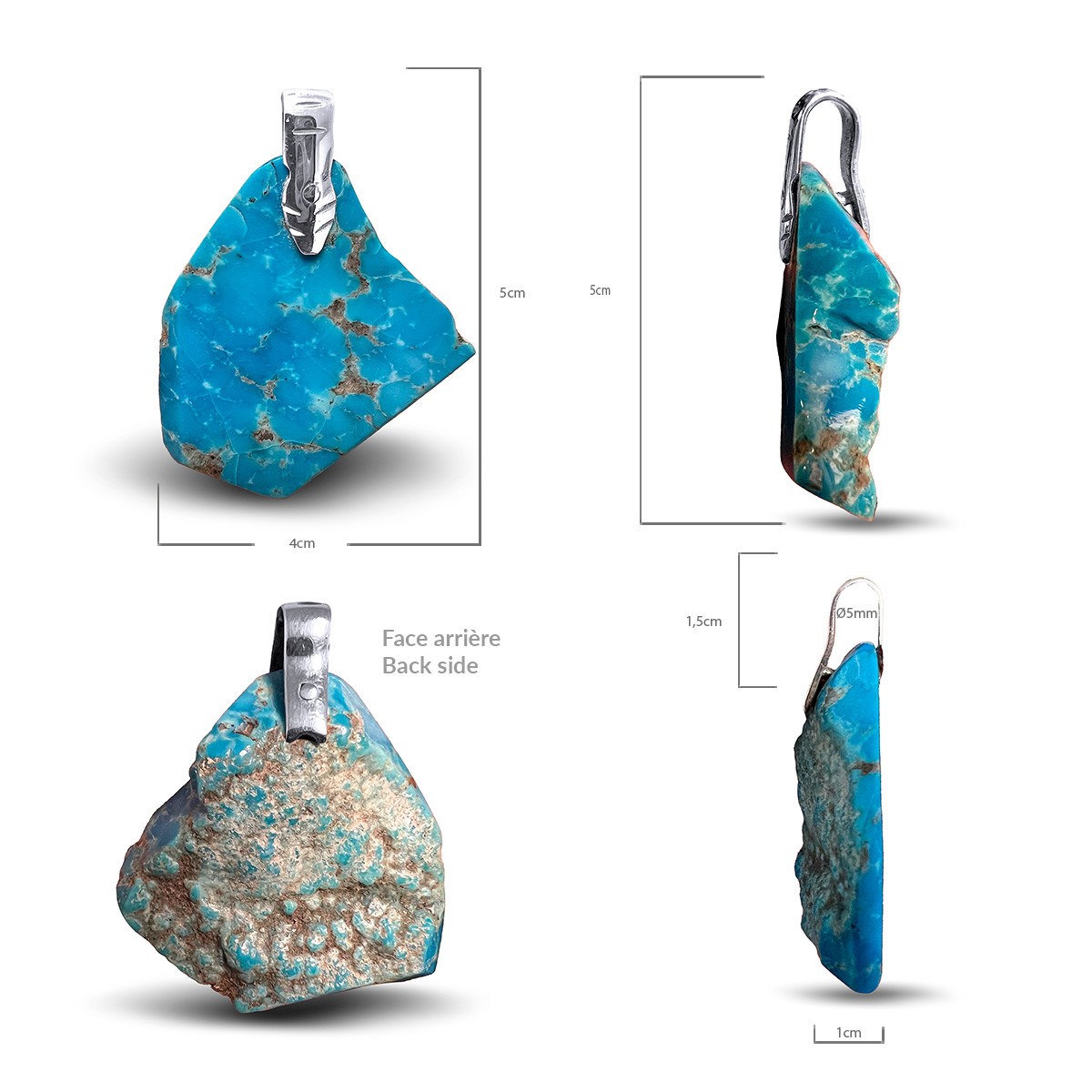 Collier Pendentif Pierre Turquoise Arizona Véritable  Argent 925 Pièce Unique