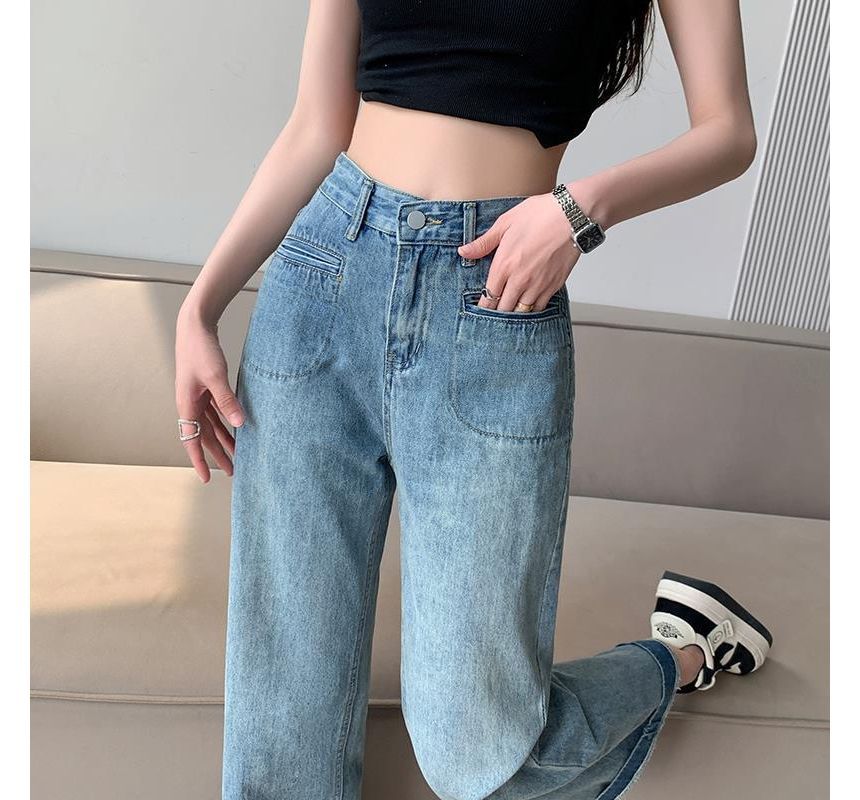 Frigga - High Waist Washed Crop Jeans met Wijde Pijpen