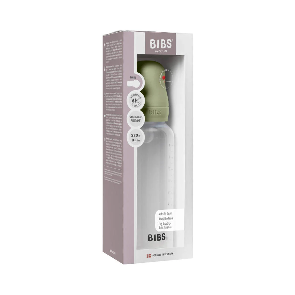 BIBS Babyfles 270 ml - Sage- met silicone speen en opvouwbare trechtertje