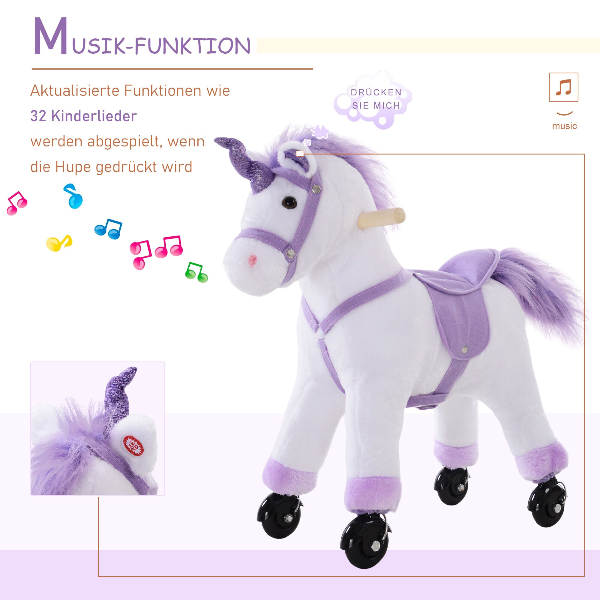 HOMCOM Plüsch-Einhorn auf Rollen weiß, lila 55 x 23 x 60 cm (LxBxH)
