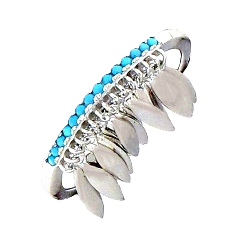 Bague femme enfant plumes coiffe d'indien taille 50 cz turquoise en argent EN18