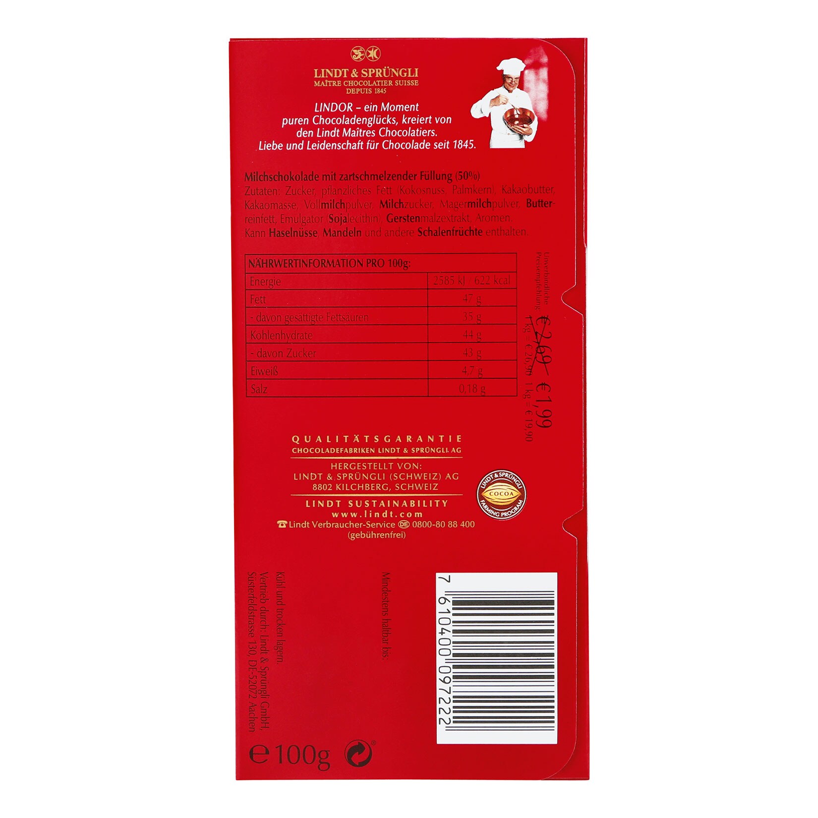 Lindt Lindor Milch Tafel 100 g, 12er Pack
