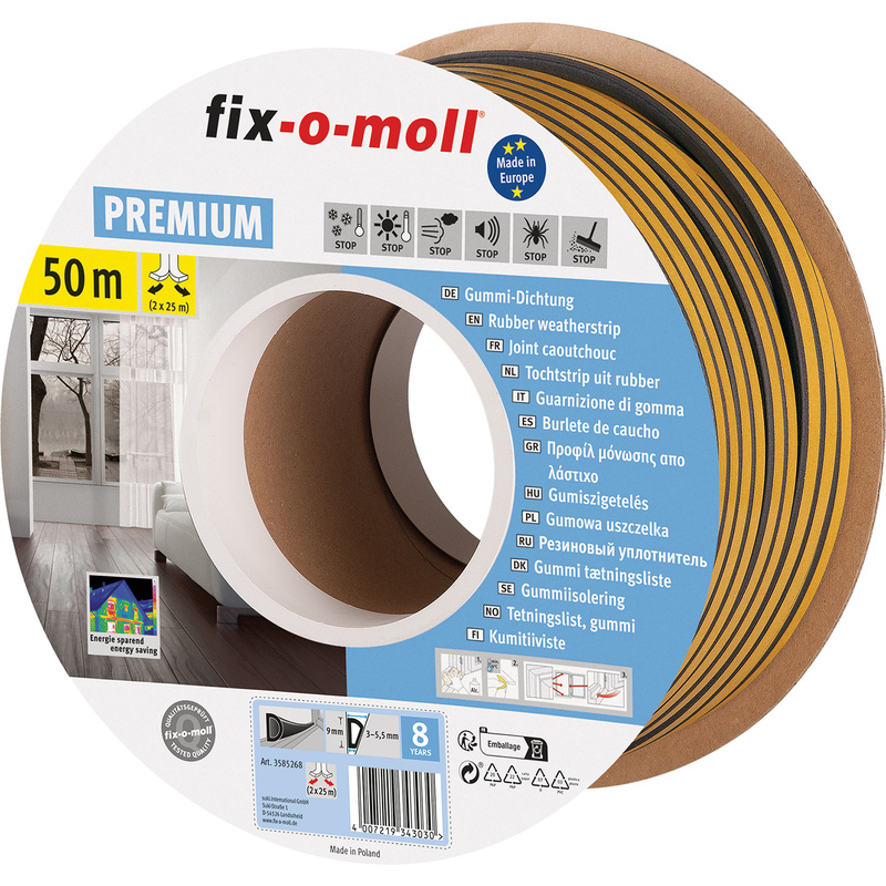Fix-o-moll tochtband zelfklevend D 9x6mm 50m zwart