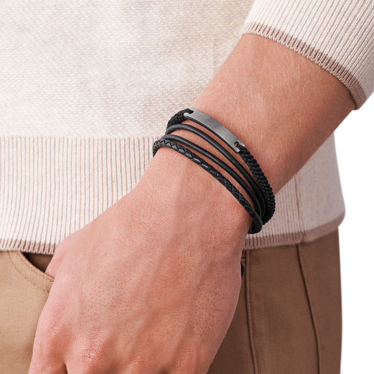 Bracelet FOSSIL acier inoxydable cuir noir multi-rangs 19,5 cm