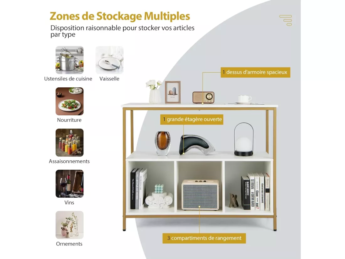 Buffet cuisine, meuble bas cuisine 3 compartiments, 2 étagère, 110 x 42,5 x 88 cm (blanc)