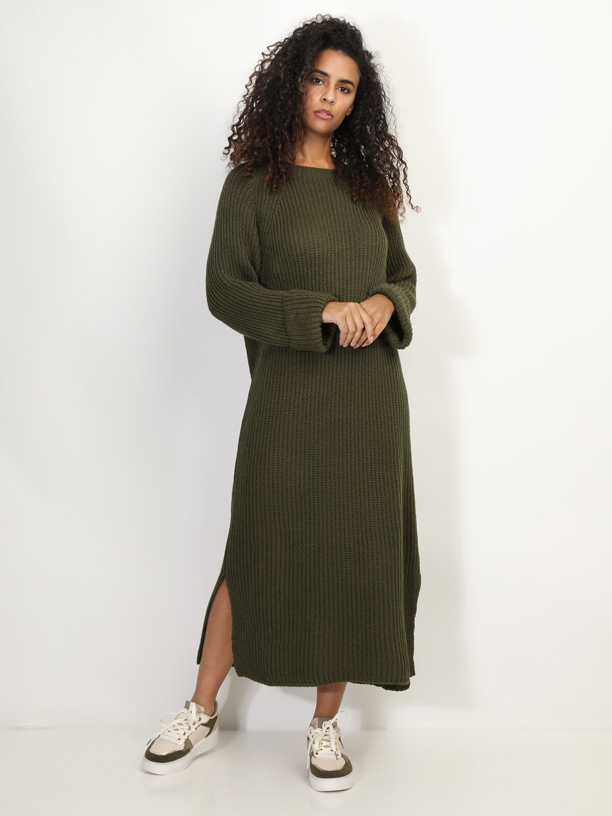 Robe à manches évasées et fentes- Kaki