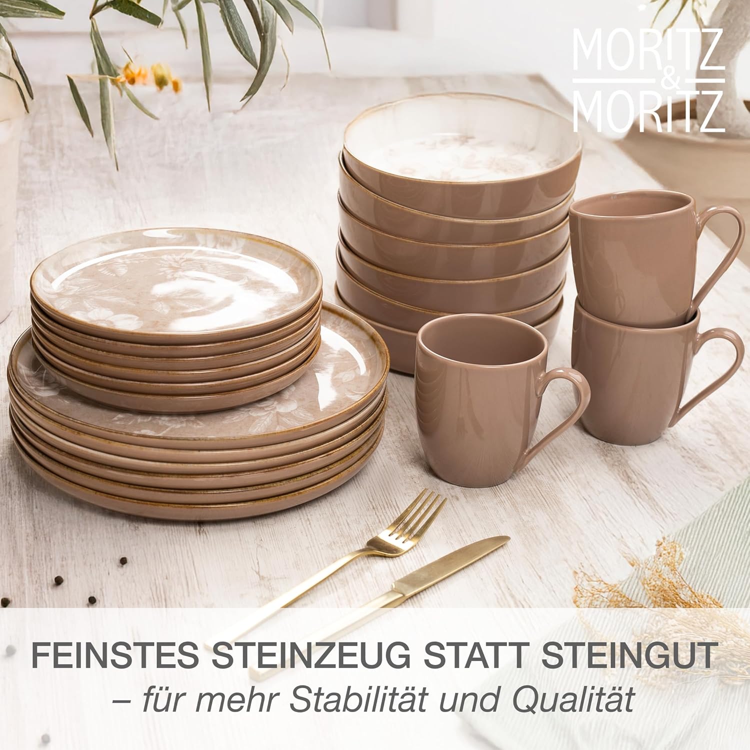 Moritz & Moritz MARIELLA Steingut Geschirrset 6 Personen 24-tlg. - Modernes Tafelservice in Beige mit verspieltem Design, Pflegeleichtes Kaffeeservice mit Teller Set, Schüsseln & Tassen - Kombiservice