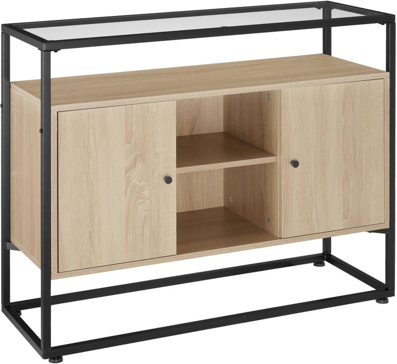 tectake® Dressoir - Zwart Metalen Frame - Lichtbruin Glazen Blad - Industrieel Design
