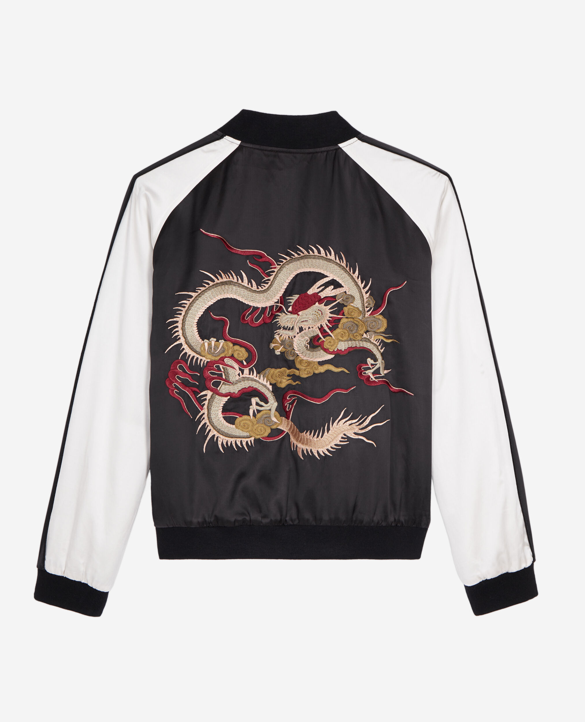 Black and white satin jacket with Dragon embroidery