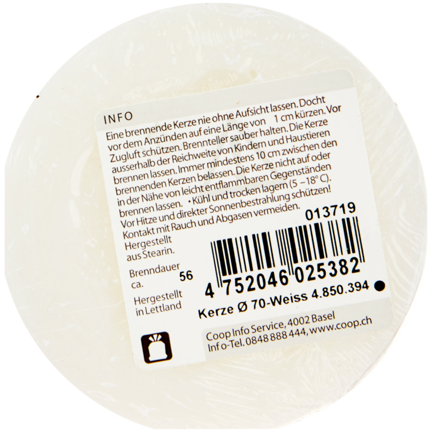 Oecoplan Zylinderkerze 70x180mm weiss