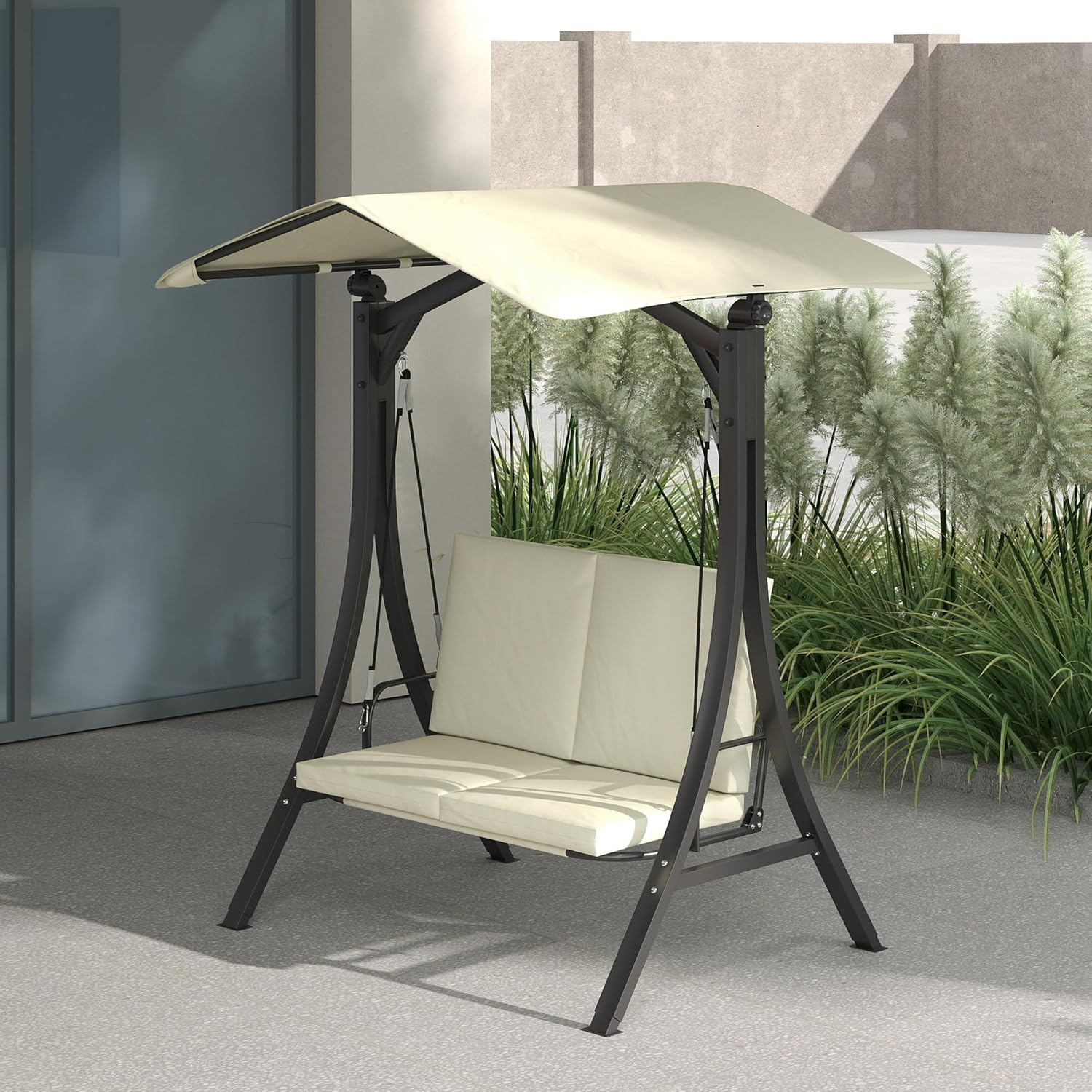Outsunny Hollywoodschaukel mit verstellbarem Sonnendach Sitzauflage, 2-Sitzer Gartenschaukel belastbar bis 220kg, UV 30+ Schaukelbank für Garten, Terrasse, 150x120x182cm, Cremeweiß