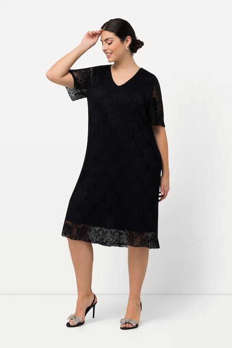 Spitzenkleid, A-Linie, V-Ausschnitt, Halbarm, Midikleid