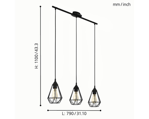 3-lamps hanglamp L 79 cm zwart