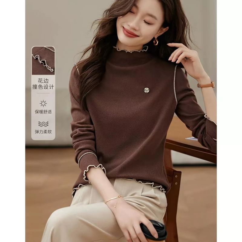 Jeonseon - T-shirt met lange mouwen, hoge hals en contrasterende rand