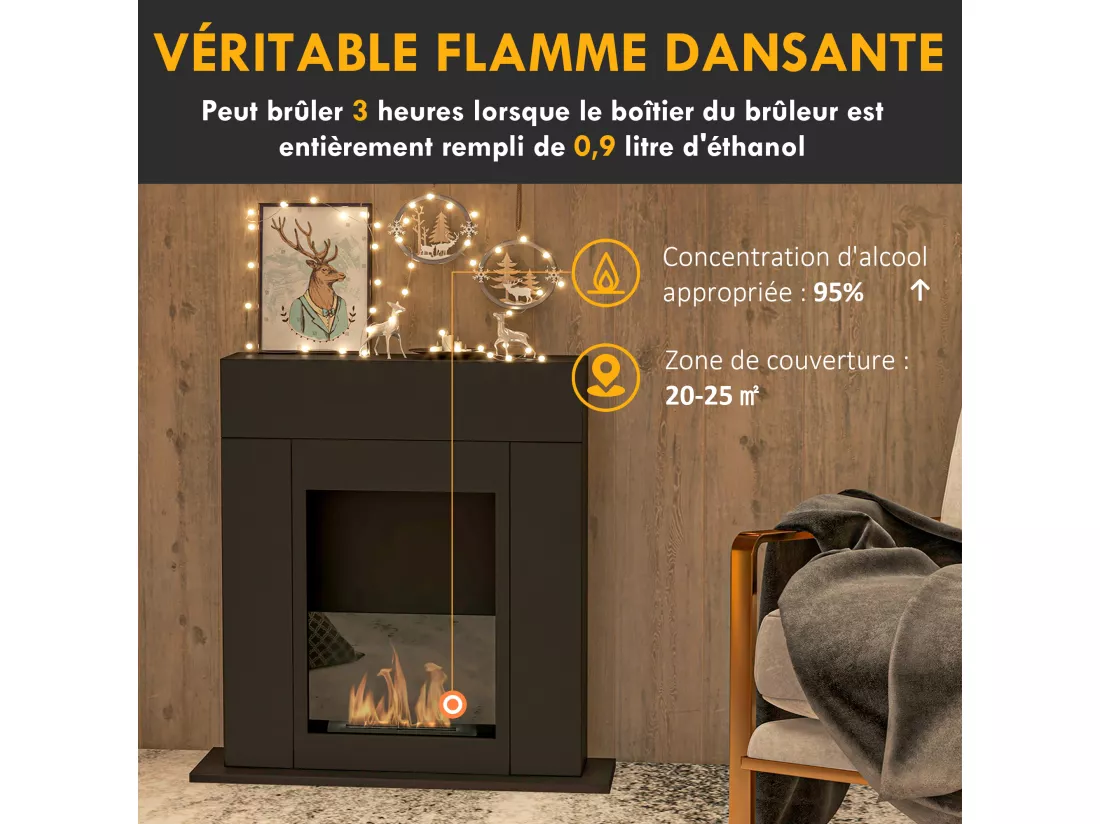 Cheminée bioéthanol design contemporain - brûleur 0,9 L - contrôle de flamme inclus - acier noir verre trempé